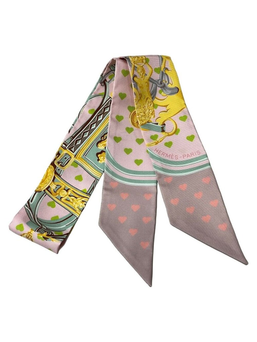 Hermes Scarf Twilly Light Pink Light Green Multi Ribbon Heart